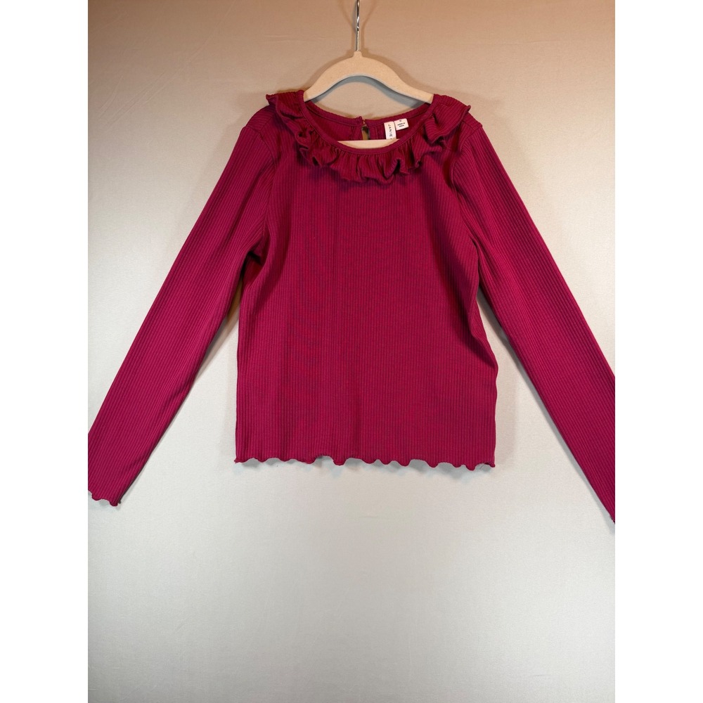 Janie and Jack Girls Berry Pink Ribbed Ruffle Collar Long Sleeve Top Size 12